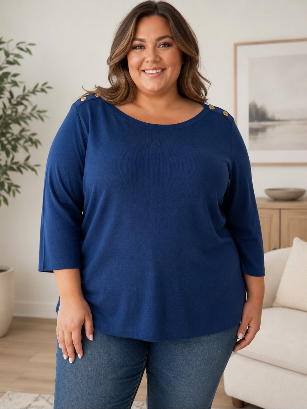 Roz & Ali 2X Blue Gold Button Shoulder 3/4 Sleeve Knit Ribbed Sweater Preppy
